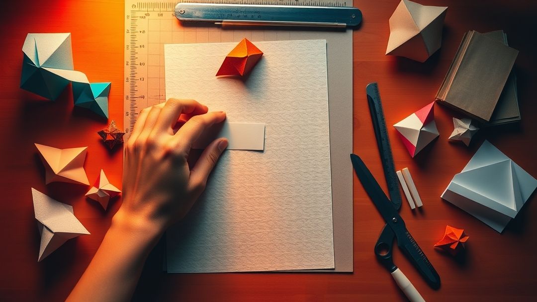 Utilisation d’un plioir pour un pliage précis en papeterie créative, avec ambiance chaleureuse et outils de scrapbooking visibles