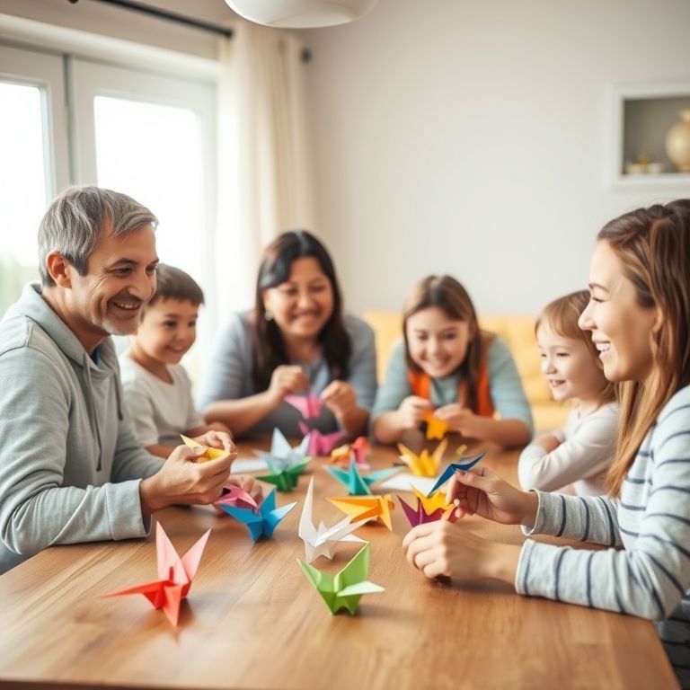 Famille réalisant des origamis ensemble, activité manuelle créative et conviviale pour partager un moment de complicité.