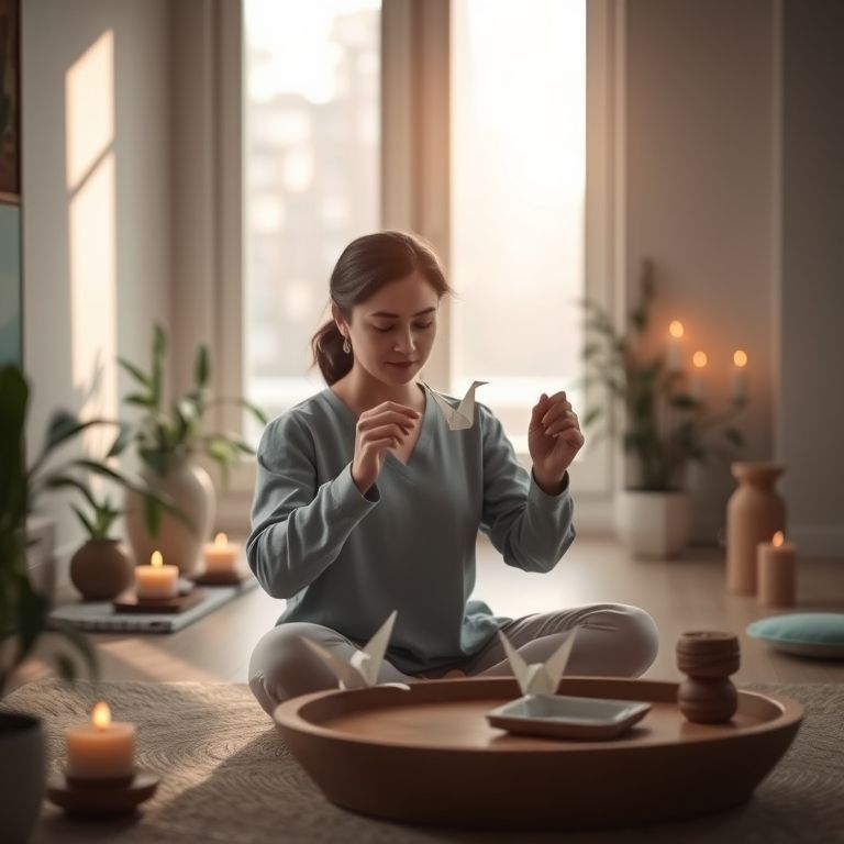 Personne pratiquant l’origami dans un cadre zen et apaisant, illustrant la détente, la méditation et la réduction du stress.