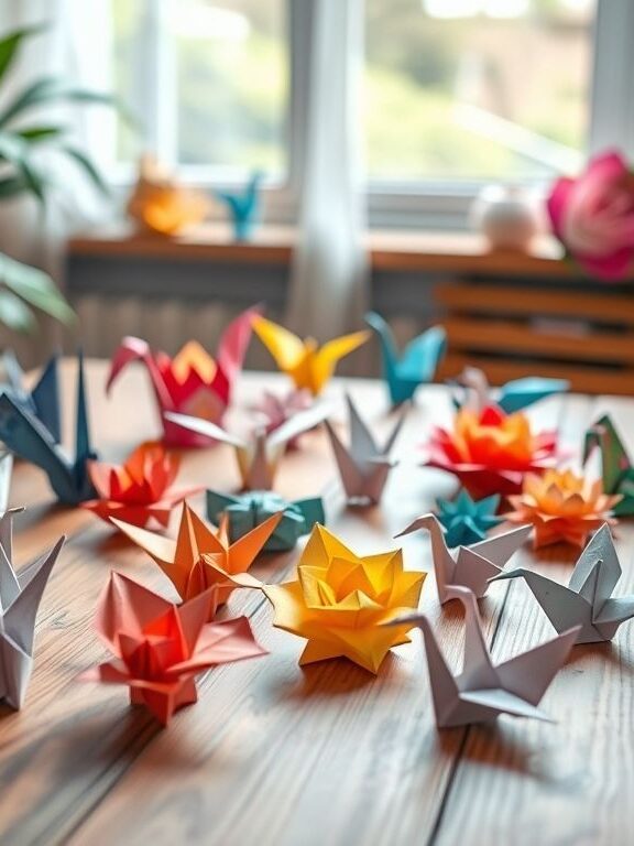 Origami coloré sur une table en bois, idées créatives de pliages faciles et complexes pour débutants et experts, inspiration pour tous vos créations en papier