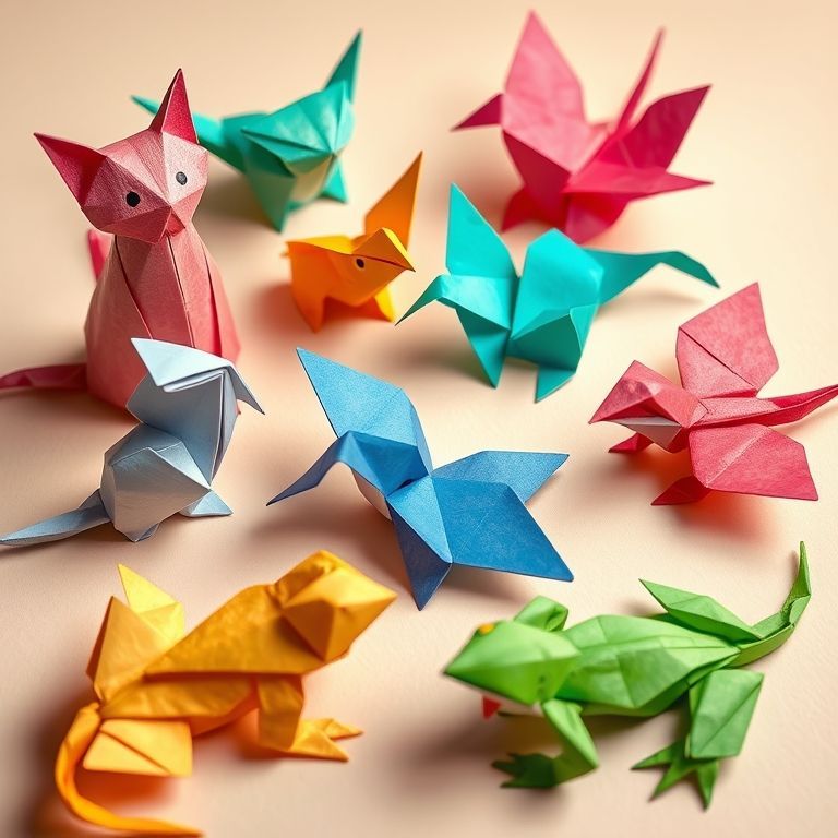 Origami animaux en papier : chats, oiseaux, papillons et grenouilles colorés pliés avec soin, illustration de créations ludiques pour enfants et débutants.