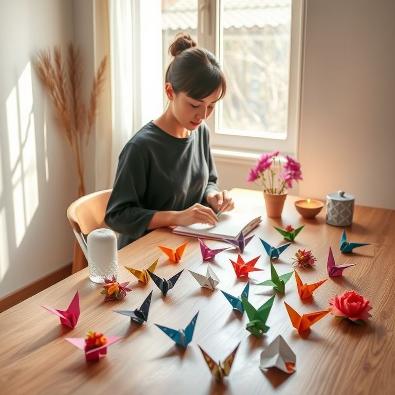 Personne pratiquant l’art de l’origami, symbole de bien-être, concentration et créativité, illustrant les bienfaits thérapeutiques de cet art millénaire.