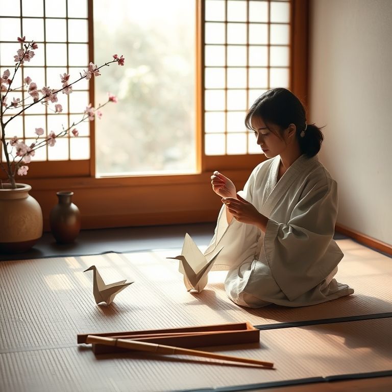 Art millénaire de l’origami japonais représentant le pliage d’une grue en papier, symbole de sérénité et de tradition.