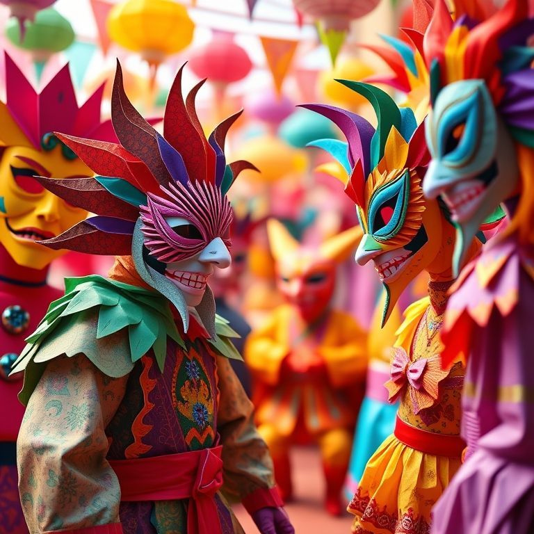 Scène de carnaval avec masques colorés et costumes en origami, pour des festivités en papier