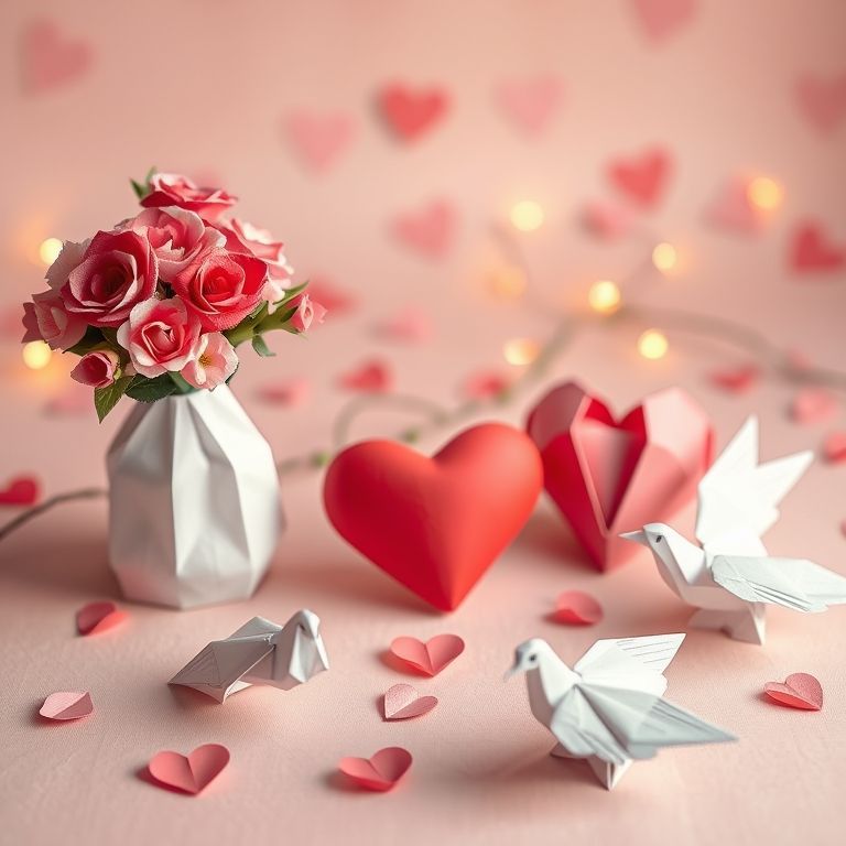 Origamis pour illustrer la Saint-Valentin avec des cœurs en papier, des bouquets de fleurs et des colombes délicatement pliés, illustration de cadeaux personnalisés et romantiques.
