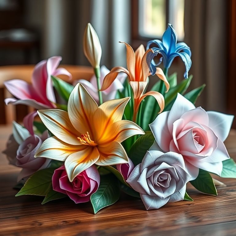 Fleurs en origami : lys, iris et roses à utiliser en décoration ou pour en faire cadeau