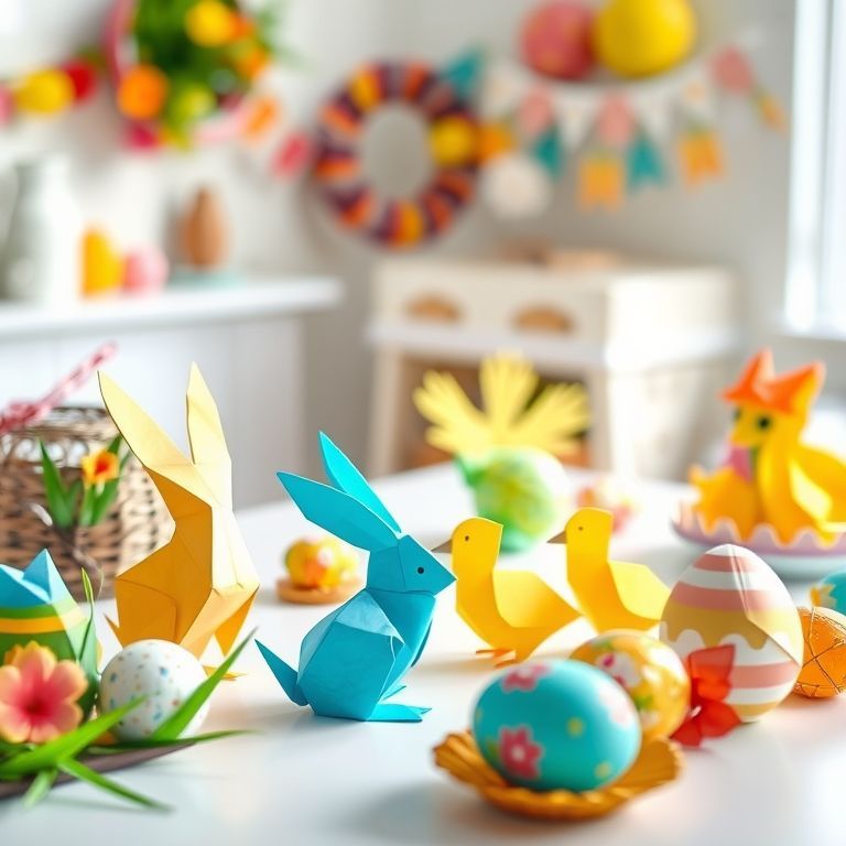 Composition Origami en papier représentant des lapins, des poussins et des œufs pour Pâques, avec des décorations printanières, estivales et automnales